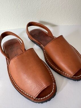 Avarca by C. Oztuno Flat Leather Women's Slingback Sandal in Cognac Brown